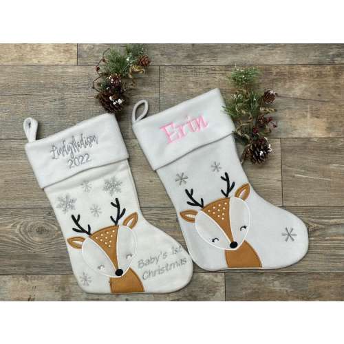 Personalize Baby's First Christmas stocking, embroider stocking, First Christmas white stocking with Reindeer, Baby stocking