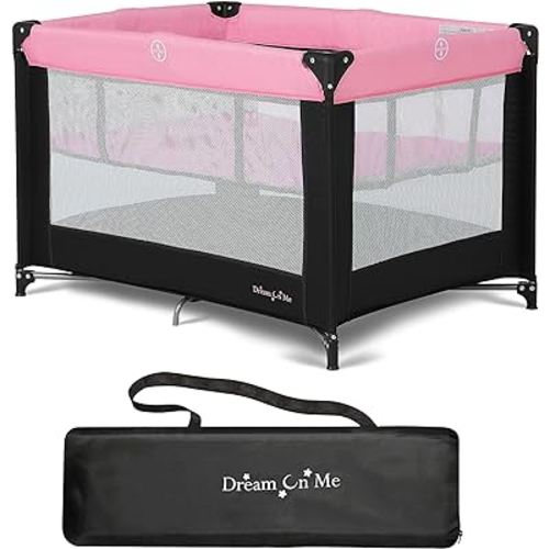 Dream On Me Zazzy Portable Playard with Bassinet in Pink, Packable and Easy Setup Baby Playard, Lightweight and Portable Playard for Baby with Mattress and Travel Bag