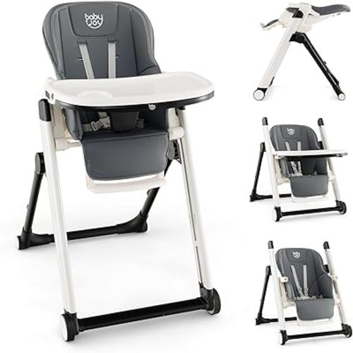 BABY JOY High Chair, Foldable High Chair for Babies and Toddlers with 7 Heights, 5 Recline Positions, Adjustable Footrest, Removable Double Tray & Cushion, Portable High Chair with Wheels (Dark Gray)