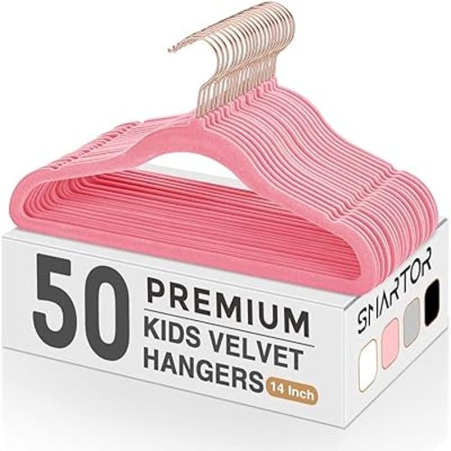 Smartor Kids Velvet Hangers 50 Pack, 14'' Inch Premium Non Slip Kids Felt Hangers for Closet, Space Saving Toddler Clothes Hanger for Youth's Childrens' Clothes (Rose Gold Hook)- Pink