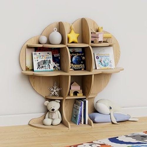 Natural Wood Tree Kids Bookshelf Toddler Bookcase 4-Tier Baby Book Rack Children Toy Storage Organizer Forest Wood Display Shelf Nursery Playroom Bedroom Classroom School Homeschooling Boy Girl’s Gift