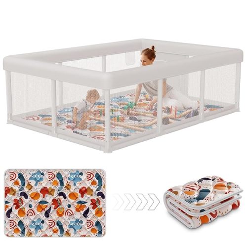 Baby Playpen 74x50 in PlayPen for Babies and Toddlers, Large Play Yards for Indoor & Outdoor with Zipper Gates, Breathable Mesh with Mat
