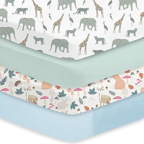 Little Grape Land Crib Sheets 4 Pack for Boys and Girls, Baby Neutral Crib Fitted Sheets for Standard Crib & Toddler Mattress, Super Soft Breathable Fitted Crib Sheet Set, Safari & Squirrel