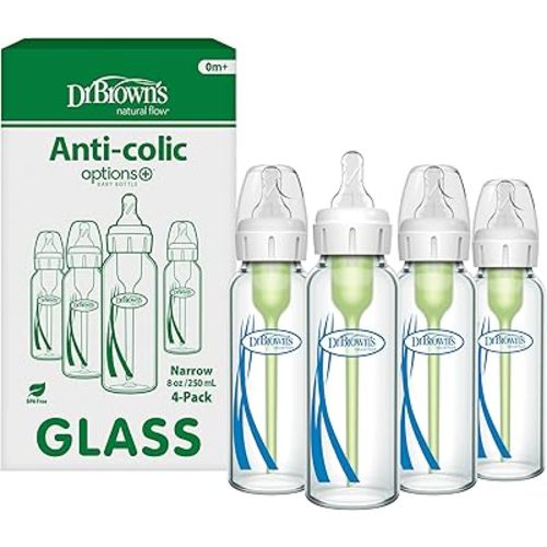 Dr. Brown's Anti-Colic Options+ Narrow Glass Baby Bottle with Level 1 Slow Flow Nipple, BPA-Free, 8 oz/250 mL, 4-Pack