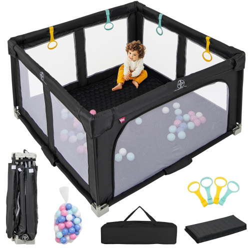 OLAKIDS Foldable Baby Playpen with Mat, 50” x 50” Large Baby Play Yard for Infant with 50 Ocean Balls, 4 Handlers, Carry Bag, Indoor Outdoor Fence Toddler Activity Center