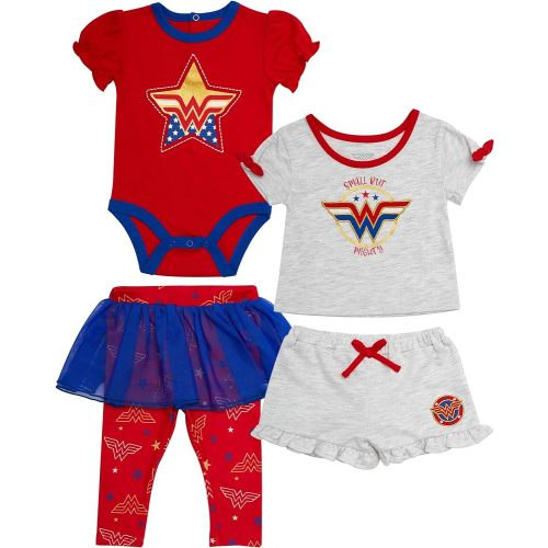 Wonder Woman Baby Girls 4 Piece Set - Short Sleeves T-Shirt, Legging Pants with Tutu Skirt, Bodysuit, Drawstring Shorts