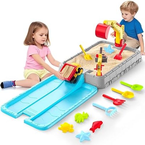 Dirt Diggers Excavator Sandbox for Kids, Construction-Themed Toddler Sand Box with Lid Indoor Outdoor Sand Activity Sensory Set-Dump Truck, Excavator, Crane 8PCS Beach Toys Summer Gifts for Boy Girl