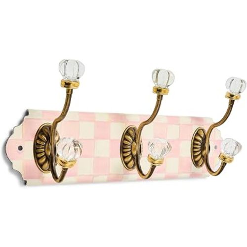 MACKENZIE-CHILDS Triple Wall Hook, Enamel Hanging Wall Rack, Pink-and-White Rosy Check