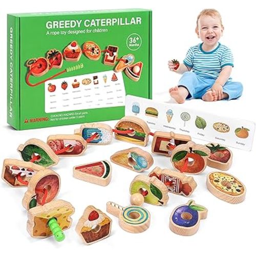 2025 New Upgrade Wooden Greedy Caterpillar Rope Toy, 2.5in Fruit & Vegetable Caterpillar Lacing Bead String Game, Montessori Fine Motor Skills Farm Toys for 3+ Year Old