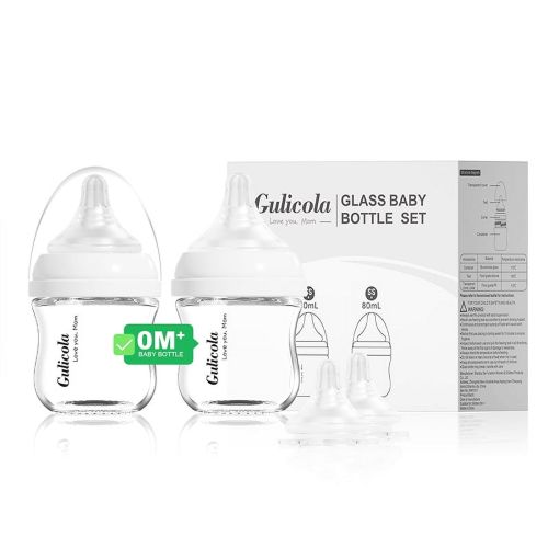 Gulicola Natural Glass Bottles for Newborn Babies, Breast Like, Extra Slow Flow, 0 Months+, 3 oz, 2 Pack