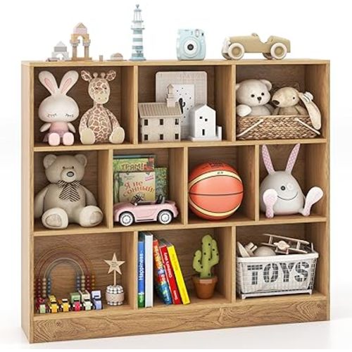 Costzon 10-Cube Kids Bookshelf, 3 Tier Toy Storage Organizer w/ 2 Anti-Toppling Kits, 10 Open Cubes & Non-Slip Foot Pads, Book Shelf for Kids Rooms, Playroom, Preschool, Classroom, Daycare (Natural)