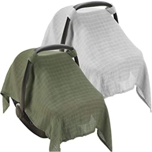 2 Pieces Muslin Carseat Cover Muslin Baby Car Seat Canopy Breathable Soft Car Seat Covers for Babies Boys Girls Infant Newborn (Grey, Green)