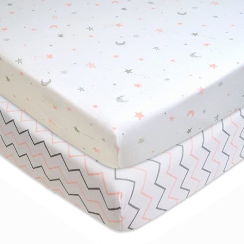 American Baby Company 2 Pack Fitted Pack N Play Playard Sheet 27" x 39", Soft Breathable Neutral 100% Cotton Jersey Pack and Play Sheet, Pink Stars/Zigzag, for Boys and Girls, Fits Most Mini Crib
