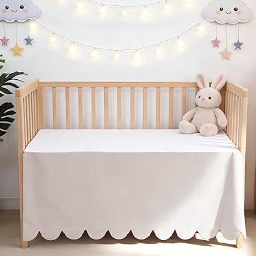 Scallop Edge Crib Skirt Ivory, 100% Egyptian Cotton 400 Thread Count Crib Skirt Dust Ruffle,Double Layer,Durable,Smooth Toddler Bedding Skirt for Baby Girls or Boys, 52"X28" with 14"
