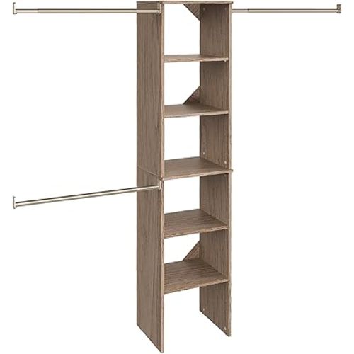 ClosetMaid SuiteSymphony Wood Closet Organizer Starter Kit with Tower and 3 Hang Rods Shelves, Adjustable, Fits Spaces 4 – 9 ft. Wide, Natural Gray, 16"