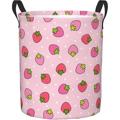 Dujiea Pink Strawberry Laundry Basket Round with Handle, Collapsible Foldable Canvas Storage Bin Dirty Clothes Bag for Laundry/Toys Organizer/College Dorm/Nursery/Decor(2 Sizes)