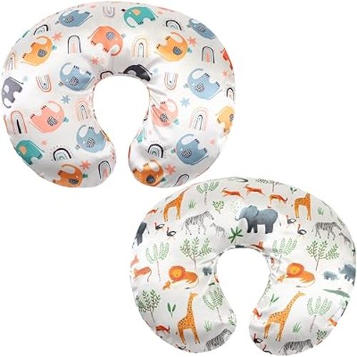 Satin Nursing Pillow Cover Set 2 Pack Ultra Soft Silk Compatible with Boppy Pillow for Breastfeeding Pillow Protect for Baby Hair and Skin Elephant & Rhino Lion