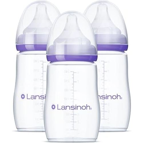 Lansinoh Anti-Colic Baby Bottles for Breastfeeding Babies, 8 Ounces, 3 Count, Includes 3 Medium Flow Nipples, Size M