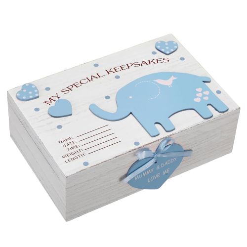 Soaoo 3D Wooden Baby Boys Memories Keepsake Box Baby Girls Elephant First Keepsake Box New Parent Newborn Baptismal Birthday Gift for Mementos 11.81'' x 7.87'' x 3.94''(Blue)