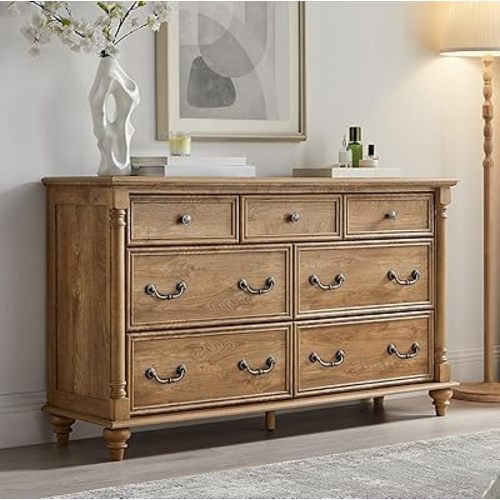 T4TREAM Farmhouse 7 Drawers Dresser Chests for Bedroom with 4 Solid Wood Feet, Tall Wide Wood Country Rustic Chest of Drawers, Storage Dressers for Bedroom, Living Room, Light Tree Knot