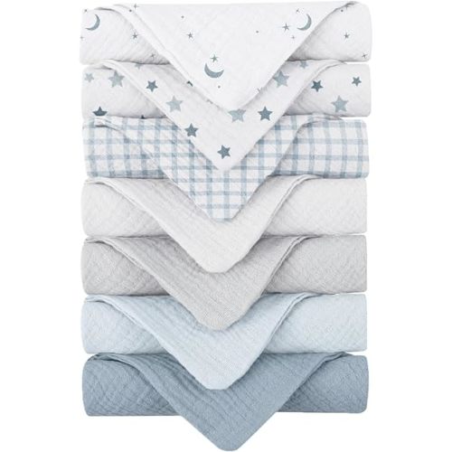 Konssy Baby Muslin Washcloths 7-Pack, 100% Cotton Baby Bath Washcloths, Soft & Absorbent Wash Cloths and Burp Cloths for Newborn Kids Girls & Boys, 11x11 inches