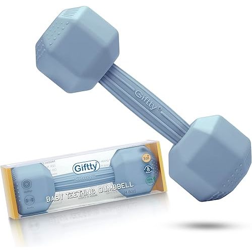 Giftty Baby Dumbbell Infant Rattle Silicone Teething Toy Teether Infants Toddler Sensory Toy Exercises Weight - Made of 100% Food-Grade Silicone, Safe for Baby Boys and Girls (1pcs 4.8oz - Blue)