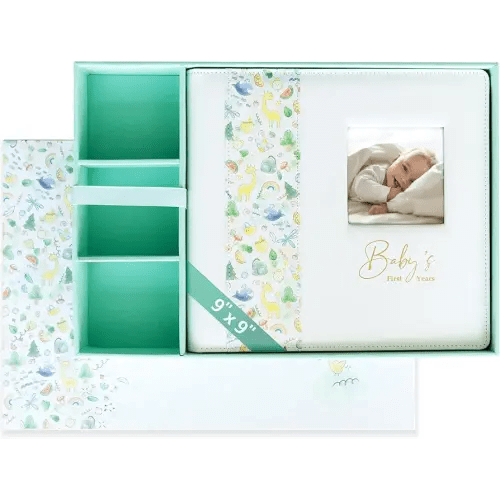 Keepsake Baby Memory Book With Box - Timeless Leather-Bound Milestone Book | Photo Memory Box to Record Baby Shower to Age 5 - Beautiful Gift for Girls and Boys