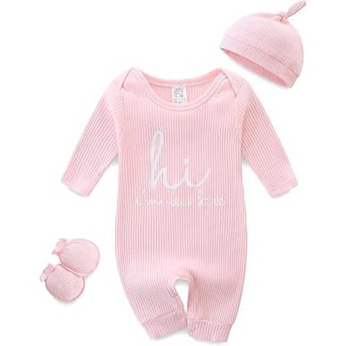 Baby Romper with Baby Mittens & Newborn Hats Footless Long Sleeve Solid Onesie Hi Im New Here