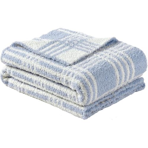 CREVENT 30"X40" Cozy Soft Warm Knitted Baby Blanket for Girls Boys, Newborn Essentials for Infant, Baby Shower Receiving Gift - Line Checked Blue 75X100cm