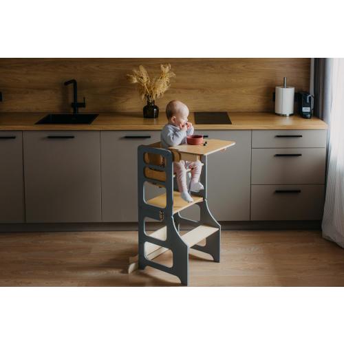 4-in-1 Montessori transformable wooden toddler tower converting to kids desk/chair high chair, kids tower foldable tower
