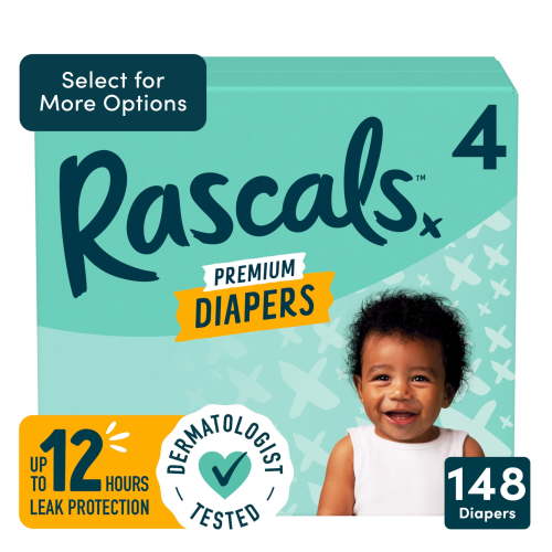 Rascals Premium Absorbent Baby Diapers Size 4, 148 Count