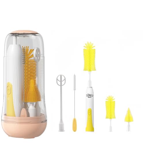 Travel Electric Baby Bottle Brush Set with Electric Bottle Cleaner and Water Bottle Brush and Nipple/Straw Brush,Milk Frother and Drying Rack(Yellow)