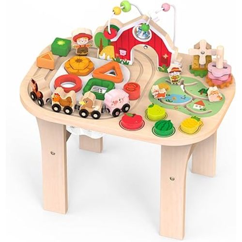 Activity Table for 1 Year Old, Baby Wooden Sensory Table with Bead Maze Shape Sorter Train Track for Toddler, Farm Montessori Toy Activity Center Educational Learning Toys for Kid 12+ Months (Natural)