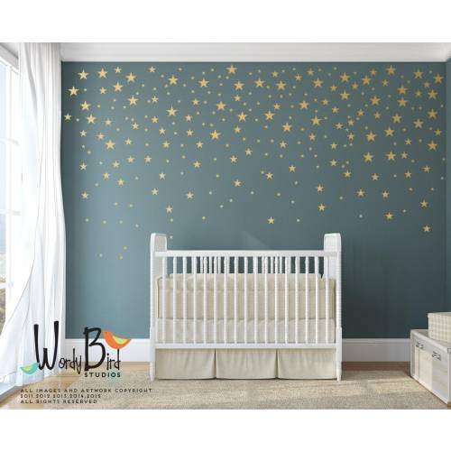 Gold Stars Wall Decals Set for Nursery Decor, Easy Peel and Stick Application, removable, matte metallic finish looks like paint - WBSTRm