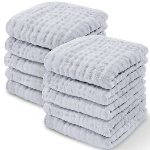 Comfy Cubs Muslin Baby Washcloths 10 Pack - Soft 6-Layer Cotton Wash Cloths for Sensitive Skin - 10"x10" Large, Gentle, Absorbent Infant Essentials for Newborn and Toddlers - Slate