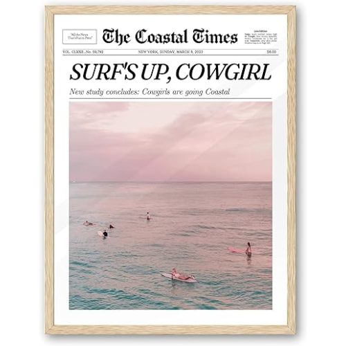 iHery Framed Trendy Coastal Cowgirl NewsPaper Wall Art Prints,Beige OAK Wood 12x16in Canvas Wall Decor For Bedroom,New York News,Western Vintage Bar Cart,Dorm Retro Surfing Up Home Décor 1Pack