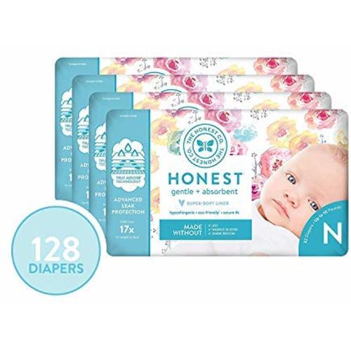The Honest Company Diapers - Newborn, Size 0 - Rose Blossom Print TrueAbsorb Technology Plant-Derived Materials Hypoallergenic 32 Count  (Pack of 4)