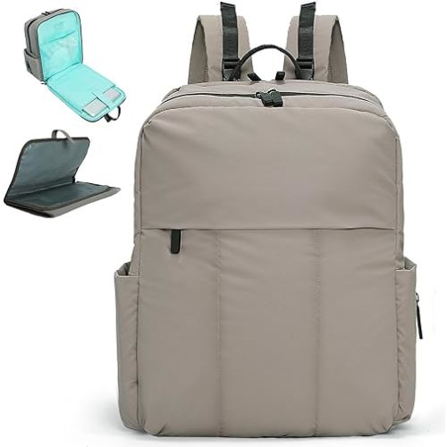 MOMINSIDE Diaper Bag Backpack - Large Puffer Diaper Bag - Neoprene Diaper Bag Quilted Baby Bag for Boys Girls, Large Changing Pad, Stroller Straps, 15 Pockets, Lightweight, Grey