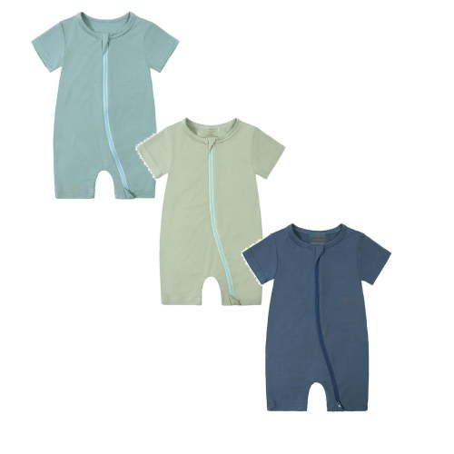 TBWNWG Baby Bamboo Summer Short Sleeve Footless Rompers,Baby Pajamas,2 Way Zipper Sleeper,3 Pack,Size 0-3 Months