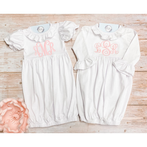 Monogram Baby Girl gown set, Infant gown bib burp cloth set, baby gown, personalized burp cloth, bib, ruffle gown, going home gown, day gown