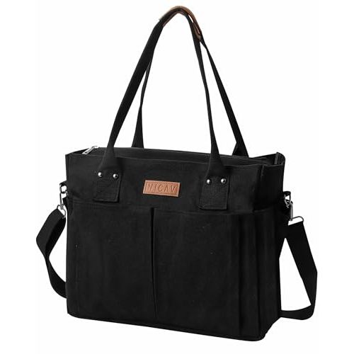 Large Canvas Tote with Zipper and Laptop Compartment, Crossbody Utility Bag for Women, Multi-Pocket Shoulder Bag for College, Work, and Travel, Spacious Everyday Carryall for Laptop and Essentials