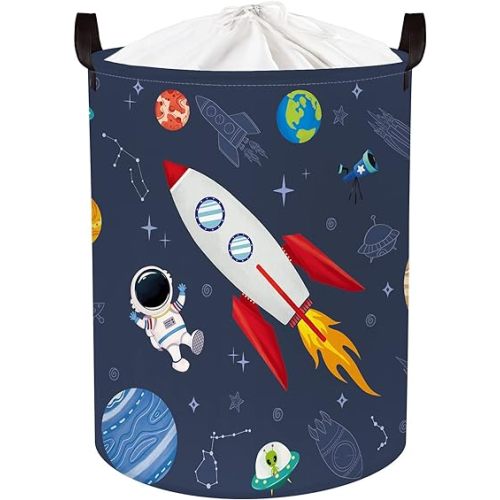 Clastyle 45L Rocket Astronaut Laundry Hamper for Bedroom Waterproof Collapsible Blue Universe Toys Storage Basket with Drawstring, 14.2 * 17.7 in
