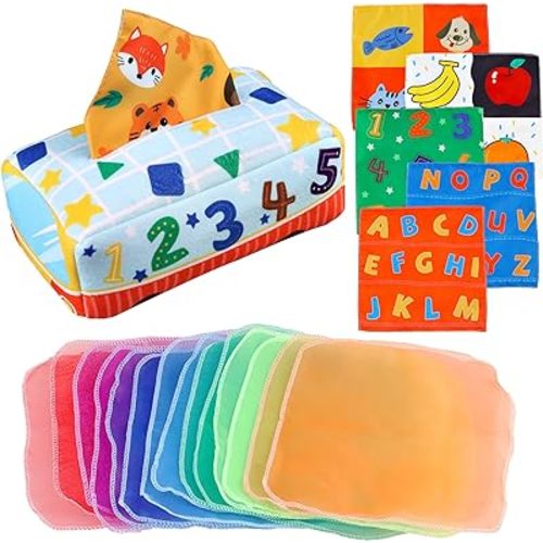 Baby Sensory Tissue Box Toy - Montessori Toys for Babies 0 6 9 12 18 Month - Infant Gifts for 1 2 3 One Year Old Boy Girl - Newborn High Contrast Crinkle Toys Toddler Educational Learning Activities