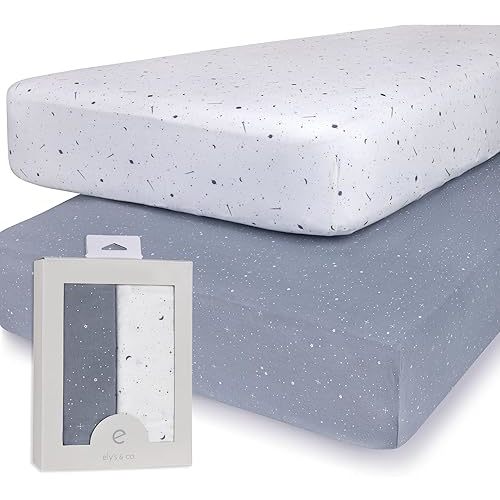 Ely’s & Co. Crib Sheets, Baby Boy Fitted Crib Mattress Sheet Set, 2 Pack, 100% Jersey Knit Cotton, Infant and Toddler Nursery Bedding, Celestial Blue Print, 28” x 52”
