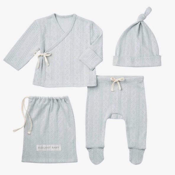 Pale Blue Organic Cotton Pointelle Layette 3 Pc Gift Set