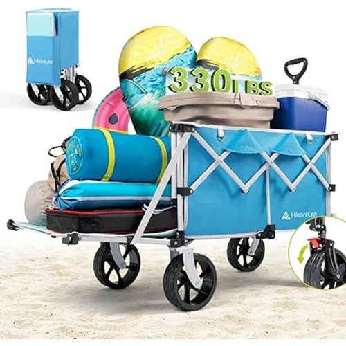 Hikenture Beach Wagon with Big Wheels for Sand, 47.5" Extra Long Collapsible Wagon with Tailgate, 330lbs Capacity Wagons Carts Foldable, Heavy Duty Folding Wagons Cart