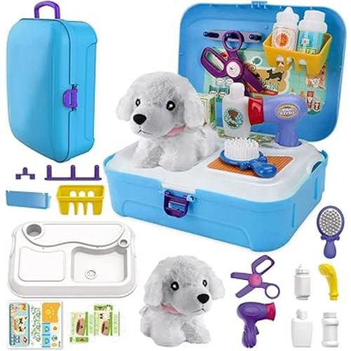 TEUVO Pet Care Playset, 16Pcs Kids Doctor Kit with Plush Dog & Backpack for Dog Grooming & Feeding, Pet Doctor Pretend Play Toys for 3 4 5 6 7 Years Old Girls Boys Birthday