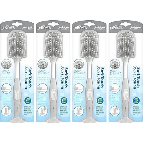 Dr. Brown's Soft Touch No Scratch Baby Bottle Cleaning Brush, Nipple Cleaner and Suction Cup Base for Easy Storage, BPA-Free, Gray, 4-Pack