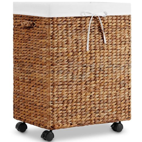 Best Choice Products Medium Laundry Hamper W/ Rolling Wheels, Woven Hyacinth Laundry Basket W/ Liner, 24 Gal - Chestnut