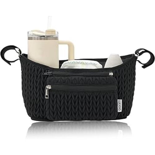 Stroller Organizer - Stylish Quilting Nylon, Universal Fit, Detachable Bag, Adjustable Multi-Storage for Baby Stroller and Pet Stroller（Black-A